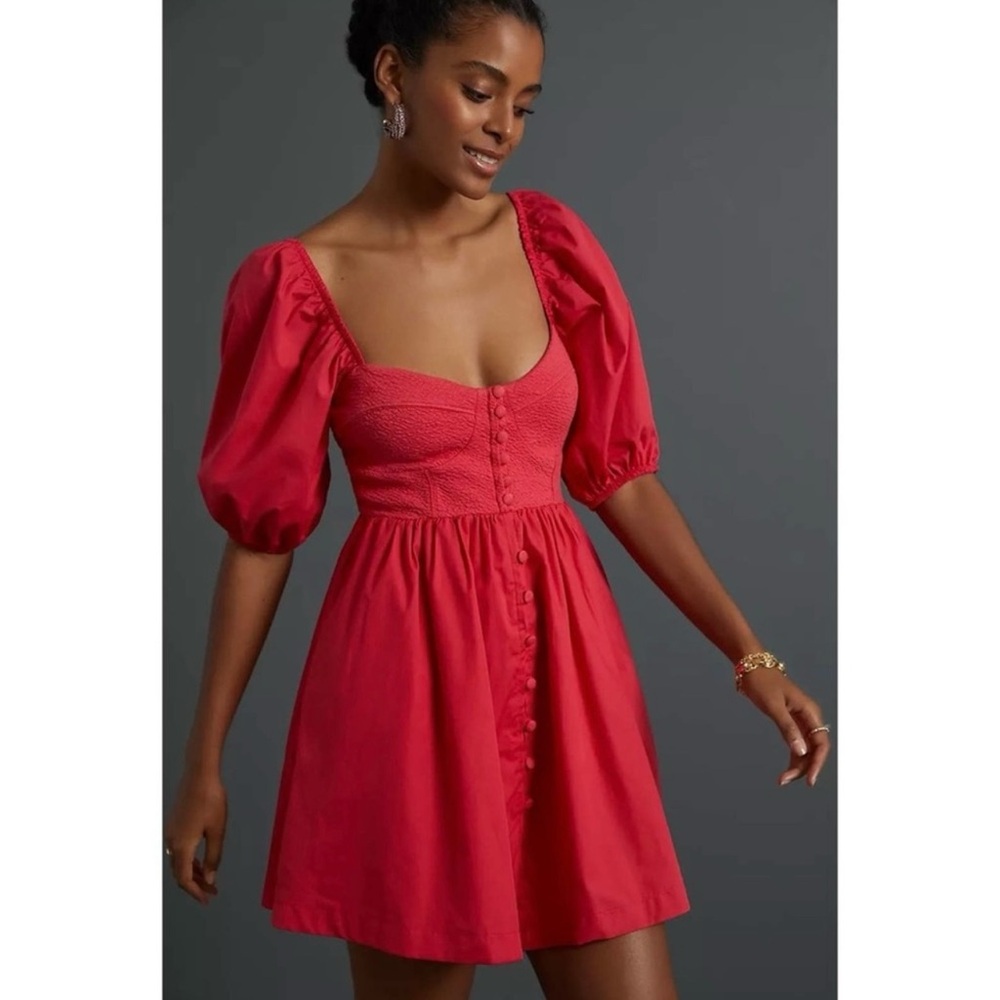NEW Anthropologie Maeve Puff-Sleeved Sweetheart Mini Dress sz M
